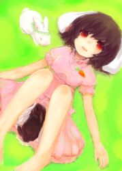 Rule 34 | 1girl, animal, animal ears, bad id, bad pixiv id, bare legs, barefoot, black hair, rabbit, rabbit ears, carrot, carrot necklace, dress, female focus, inaba tewi, jewelry, lying, maccha cocoa, maccha cocoa (mococo), necklace, on back, open mouth, pendant, red eyes, short hair, smile, solo, touhou