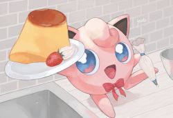 Rule 34 | :d, blue eyes, bow, bowl, bowtie, brick wall, bright pupils, commentary request, creatures (company), food, fruit, game freak, gen 1 pokemon, happi xfyg, holding, holding plate, icing, indoors, jigglypuff, leg up, nintendo, no humans, open mouth, plate, pokemon, pokemon (creature), pudding, red bow, red bowtie, sink, smile, solo, standing, standing on one leg, strawberry, tongue, white pupils