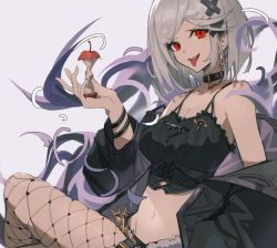 Rule 34 | 1girl, alter ego malevolent (granblue fantasy), apple, apple core, bare shoulders, belt, black jacket, black shirt, breasts, camisole, chinese commentary, choker, cleavage, collarbone, commentary request, crop top, djeeta (granblue fantasy), earrings, fishnet pantyhose, fishnets, food, fruit, granblue fantasy, grey background, grey hair, hair ornament, holding, holding food, jacket, jewelry, looking at viewer, medium breasts, mooofoo, navel, off shoulder, pantyhose, red eyes, shirt, simple background, solo, teeth, tongue, tongue out, upper teeth only, v-shaped eyebrows, x hair ornament