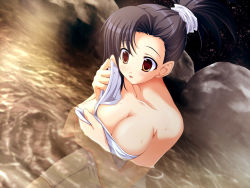 Rule 34 | 1girl, breasts, cleavage, game cg, large breasts, miko-san hosoude hanjouki, miyatsuki itsuka, naked towel, night, nude, onsen, outdoors, solo, towel, yuubi (miko-san hosoude hanjouk)