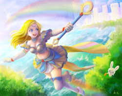 Rule 34 | 1boy, 1girl, alternate costume, armor, blonde hair, blue eyes, breasts, carrot, cherryxoa, circlet, cleavage, collar, cottontail teemo, flying, gloves, league of legends, long hair, lux (league of legends), magical girl, midriff, open mouth, rainbow, signature, smile, star guardian (league of legends), star guardian lux, teemo, thighhighs, wand, white gloves
