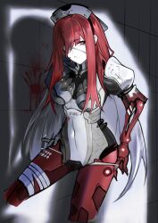 Rule 34 | 1girl, absurdres, amputee, blood, blood on face, blood on wall, eyepatch, hair between eyes, highres, long hair, mechanical arms, mechanical legs, medical eyepatch, one eye covered, punishing: gray raven, red eyes, sidelocks, vera (punishing: gray raven)