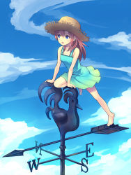 Rule 34 | 1girl, arm support, barefoot, blue eyes, cloud, day, dress, full body, hat, kneeling, long hair, on one knee, open mouth, original, red hair, sakuyamochi, sky, smile, solo, standing, standing on one leg, straw hat, sundress, weather vane