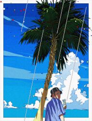 Rule 34 | 1boy, absurdres, back, blue shirt, blue sky, border, cloud, commentary, food, hat, highres, ice cream, looking at viewer, male focus, original, palm tree, shirt, sideburns, sky, solo, tree, tsukumiiii, white border
