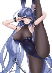 Rule 34 | 1girl, :3, armpits, artist name, azur lane, bare shoulders, breasts, chinese commentary, cleavage, closed mouth, commentary, covered collarbone, covered navel, cowboy shot, gmomotdly, groin, hair between eyes, hair intakes, highres, large breasts, leotard, long hair, looking at viewer, mixed-language commentary, new jersey (azur lane), new jersey (exhilarating steps!) (azur lane), official alternate costume, playboy bunny, pole, see-through, see-through cleavage, sidelocks, simple background, smile, solo, split, standing, standing on one leg, standing split, stripper pole, v over eye, very long hair, white background