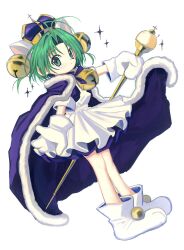 Rule 34 | 1girl, animal ears, antenna hair, apron, bell, blush, cape, cat ears, closed mouth, cross, crown, dejiko, di gi charat, dot mouth, dot nose, dress, fake animal ears, frilled apron, frilled dress, frills, full body, green eyes, green hair, hair bell, hair ornament, hat, highres, holding, holding staff, jingle bell, light blush, looking at viewer, maid apron, mittens, neck bell, neck ribbon, nose blush, orb, paw shoes, pepeppepe101, ribbon, royal robe, short hair, short sleeves, simple background, solo, staff, star (symbol), white background, white footwear, white mittens, wide sleeves
