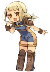 Rule 34 | 1girl, armor, blonde hair, boots, braid, brown eyes, chibi, child, final fantasy, final fantasy xii, mota, onesie, pauldrons, penelo, shoulder armor, solo, thigh boots, thighhighs, twin braids, twintails, white background