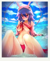 Rule 34 | 1girl, antenna hair, bikini, blue hair, breasts, disgaea, disgaea d2, hair between eyes, highres, jacket, laharl, laharl-chan, large breasts, long hair, looking at viewer, navel, partially submerged, pointy ears, pondack, red bikini, red eyes, solo, swimsuit, water, wet, wet clothes