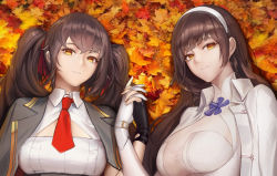 Rule 34 | 2girls, black gloves, black hair, breasts, brown eyes, closed mouth, coat, fingerless gloves, girls&#039; frontline, gloves, hairband, holding hands, interlocked fingers, jacket, jacket on shoulders, large breasts, leaf, long hair, looking at viewer, maple leaf, monaim, multiple girls, open clothes, open jacket, revision, sidelocks, smile, twintails, type 95 (girls&#039; frontline), type 97 (girls&#039; frontline), white gloves