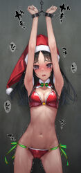 Rule 34 | 1girl, armpits, arms up, bdsm, bikini, black eyes, black hair, blush, bondage, bound, bound arms, breasts, cape, chain, cleavage, commentary request, cuffs, embarrassed, fur trim, hat, highres, long hair, looking at viewer, medium breasts, murakami suigun, navel, open mouth, original, paid reward available, red bikini, red cape, red hat, restrained, santa bikini, santa hat, shackles, side-tie bikini bottom, solo, sweat, swimsuit, variant set