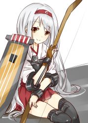 Rule 34 | 10s, 1girl, blush, boots, bow (weapon), hair ribbon, hairband, japanese clothes, kantai collection, long hair, miko, muneate, nobinonki, personification, ribbon, shoukaku (kancolle), sitting, skirt, smile, solo, thigh boots, thighhighs, weapon, white hair, yellow eyes