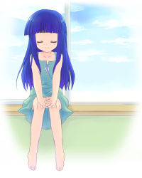 Rule 34 | 00s, barefoot, blue hair, closed eyes, feet, furude rika, fuyuichi, higurashi no naku koro ni, long hair, sitting, smile, solo