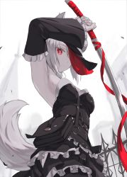 Rule 34 | 1girl, animal ears, arm up, armpits, black dress, breasts, covered eyes, detached sleeves, dress, fence, frills, grey hair, grey tail, highres, holding, holding sword, holding weapon, looking at viewer, medium hair, mikisai, open mouth, original, red eyes, red ribbon, ribbon, sidelocks, simple background, small breasts, solo, sword, tail, tail raised, weapon