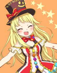 Rule 34 | 1girl, :d, ^ ^, bang dream!, bd ayknn, black hat, blonde hair, blush, bow, bowtie, closed eyes, clothing cutout, frills, hat, hat ribbon, headwear writing, long hair, open mouth, orange background, outstretched arms, polka dot neckwear, pom pom (clothes), red bow, red bowtie, red ribbon, ribbon, shoulder cutout, simple background, skirt, smile, smiley face, solo, spread arms, star (symbol), top hat, tsurumaki kokoro