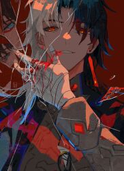 Rule 34 | 1boy, absurdres, bandaged hand, bandages, black hair, black jacket, blade (honkai: star rail), blood, blood on face, blood on hands, commentary request, crack, cracked glass, earrings, glass shards, guaishengyin, hand up, highres, honkai: star rail, honkai (series), jacket, jewelry, long hair, long sleeves, looking at viewer, male focus, mismatched earrings, parted bangs, parted lips, red background, red eyes, shards, sidelocks, simple background, smile, solo, white hair, yingxing (honkai: star rail)