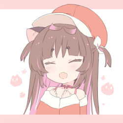 Rule 34 | 1girl, animal ear fluff, animal ears, bakemonogatari, bare shoulders, blade (galaxist), brown hair, cabbie hat, cat ears, collarbone, commentary request, cosplay, hands up, hat, long hair, long sleeves, monogatari (series), multicolored hair, nekoyama nae, off-shoulder shirt, off shoulder, pink hair, red hat, red shirt, sengoku nadeko, sengoku nadeko (cosplay), shirt, short eyebrows, sleeves past wrists, solo, streaked hair, thick eyebrows, toranoana, two-tone hair, two side up, upper body, virtual youtuber