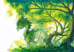 Rule 34 | day, drachenmagier, dragon, english text, fantasy, forest, grass, green theme, leaf, marker (medium), nature, no humans, original, outdoors, scenery, solo, traditional media, tree