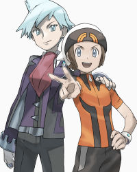 Rule 34 | 2boys, beanie, belt, black pants, bracelet, brendan (pokemon), brown hair, collared shirt, commentary request, creatures (company), donnpati, fingernails, game freak, grey eyes, hand on another&#039;s shoulder, hand on own hip, hat, highres, jacket, jewelry, long sleeves, looking at viewer, male focus, multiple boys, nintendo, open mouth, pants, pokemon, pokemon oras, purple vest, red neckwear, ring, shirt, short sleeves, smile, steven stone, teeth, tongue, v, vest, white shirt