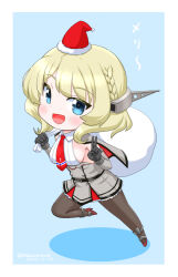 Rule 34 | 1girl, adapted costume, black gloves, black pantyhose, blonde hair, blue background, blue eyes, braid, breasts, chibi, colorado (kancolle), dress, elbow gloves, full body, gloves, grey dress, hat, headgear, kantai collection, large breasts, looking at viewer, masara (chuujou), necktie, one-hour drawing challenge, pantyhose, pleated dress, red hat, red necktie, running, sack, santa hat, shirt, short hair, side braids, sideboob, sleeveless, smile, solo, v, white shirt