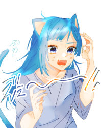 Rule 34 | 1girl, animal ears, blue eyes, blue hair, blue shirt, cat ears, cat tail, collarbone, commentary request, fang, hands up, highres, jujutsu kaisen, long hair, miwa kasumi, mochi (pkmt), open mouth, panicking, shirt, short hair, simple background, solo, sweat, t-shirt, tail, translation request, upper body, white background
