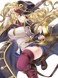 Rule 34 | 1girl, black coat, black hat, blonde hair, blue skirt, blush, boots, breasts, bridal gauntlets, brown footwear, coat, granblue fantasy, hat, highres, holding, holding sword, holding weapon, kent0320, large breasts, long hair, long sleeves, looking at viewer, monika weisswind, peaked cap, pleated skirt, red thighhighs, shirt, simple background, skirt, solo, sword, thighhighs, twintails, weapon, white background, white shirt, yellow eyes