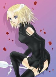 Rule 34 | black gloves, black thighhighs, blonde hair, breasts, claymore (series), claymore (sword), elbow gloves, gloves, ichigowish, miria, purple eyes, short hair, solo, sword, thighhighs, weapon