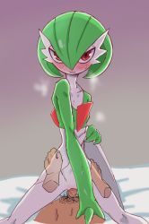 Rule 34 | 1boy, 1girl, blush, clothes lift, colored skin, cowgirl position, creatures (company), disembodied hand, dress, dress lift, game freak, gardevoir, gen 3 pokemon, girl on top, gradient background, green skin, hetero, highres, interspecies, looking at viewer, lying, nintendo, nude, on bed, penis, pokemon, pokemon (creature), pokephilia, potomithu, pov, pussy, red eyes, sex, straddling, sweat, torso grab, vaginal, white skin