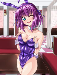 Rule 34 | 1girl, animal ears, bare shoulders, blue eyes, blush, bow, bowtie, breasts, checkered floor, cleavage, covered navel, cowboy shot, fake animal ears, grin, henrietta de tristain, highleg, highleg swimsuit, indoors, leotard, looking at viewer, one-piece swimsuit, one eye closed, playboy bunny, purple hair, purple one-piece swimsuit, rabbit ears, rabbit tail, sen (sansui), short hair, smile, solo, standing, swimsuit, tail, teeth, thong leotard, tiara, upper teeth only, zero no tsukaima