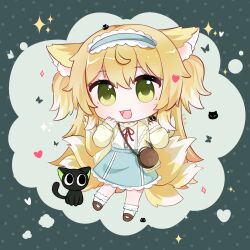 Rule 34 | 1girl, animal ear fluff, animal ears, ankle socks, arknights, bag, black cat, blonde hair, blue hairband, blue skirt, bobby socks, brown bag, brown footwear, cardigan, cat, chibi, chinese commentary, commentary request, crossover, fox ears, fox girl, fox tail, frilled hairband, frills, full body, green eyes, hairband, handbag, hands up, heart, heixiu, highres, kitsune, kyuubi, long sleeves, luo xiaohei, luo xiaohei zhanji, multiple tails, neck ribbon, official alternate costume, open cardigan, open clothes, open mouth, red ribbon, ribbon, round bag, shirt, shoes, shoulder bag, skirt, socks, sparkle, suzuran (arknights), suzuran (spring praise) (arknights), tail, two side up, white shirt, white socks, xia xia xia xi tuanzi, yellow cardigan