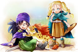 Rule 34 | 1boy, 1girl, aged down, belt, bianca (dq5), black footwear, black hair, blonde hair, blue eyes, borongo, bracelet, braid, brown footwear, bruise, bruise on face, cape, child, cloak, commentary request, dated, dragon quest, dragon quest v, dress, earrings, full body, green cape, green cloak, green socks, green tunic, happy, headpat, hero (dq5), holding, holding shield, injury, jewelry, long hair, looking at another, low ponytail, mitsunari miyako, monster, one eye closed, open mouth, orange dress, purple cape, purple cloak, purple headwear, rope belt, shield, signature, sitting, smile, socks, standing, sword, tiger, turban, twin braids, twintails, weapon, wooden shield