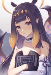 Rule 34 | 1girl, arl, bare shoulders, black gloves, blue eyes, blunt bangs, blush, book, closed mouth, collarbone, detached sleeves, flat chest, flower knot, frown, fur collar, gloves, gradient hair, halo, holding, holding book, hololive, hololive english, mole, mole under eye, multicolored hair, ninomae ina&#039;nis, ninomae ina&#039;nis (1st costume), orange hair, purple hair, purple ribbon, ribbon, simple background, single detached sleeve, solo, strapless, tentacle hair, tentacles, upper body, virtual youtuber, white background