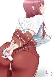 Rule 34 | 1girl, ass, between buttocks, blue eyes, blush, bound, breasts, from behind, go-toubun no hanayome, highres, huge ass, huge breasts, large breasts, long hair, looking at viewer, looking back, nakano miku, pants, pantylines, red hair, shirt, short sleeves, solo, tied up, tight clothes, tight pants, toshiton, track pants, wedgie, white shirt
