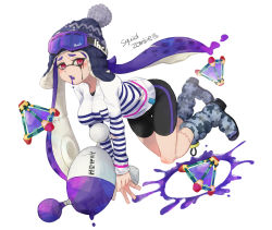 Rule 34 | 1girl, bike shorts, black shorts, blue footwear, blue hat, blunt bangs, bobblehat, boots, camouflage footwear, english text, fang, floating, goggles, goggles on headwear, hat, holding, holding weapon, inkling, inkling (language), inkling girl, inkling player character, long hair, long sleeves, looking at viewer, luna blaster (splatoon), mimimi (echonolog), nintendo, open mouth, paint splatter, pointy ears, purple hair, red eyes, saliva, shirt, shorts, simple background, single vertical stripe, ski goggles, solo, splat bomb (splatoon), splatoon (series), splatoon 1, squid, stitches, striped clothes, striped shirt, t-shirt, tentacle hair, thigh gap, torn clothes, torn shirt, weapon, white background, white shirt, zombie