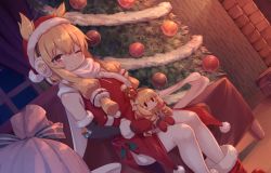 Rule 34 | 1girl, azur lane, black sleeves, blonde hair, boots, character doll, christmas, christmas ornaments, christmas tree, commentary request, crown, curtains, detached sleeves, dress, dutch angle, earmuffs, fur-trimmed boots, fur-trimmed headwear, fur-trimmed sleeves, fur trim, hair ears, hair through headwear, hat, holding, indoors, long hair, long sleeves, mini crown, mittens, pantyhose, queen elizabeth (azur lane), red dress, red footwear, red hat, red mittens, sack, santa costume, santa hat, scarf, shinopoko, sidelocks, sitting, solo, warspite (azur lane), warspite (christmas warrior) (azur lane), white pantyhose, white scarf, window