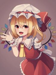 Rule 34 | 1girl, ascot, back bow, blonde hair, bow, collared shirt, cowboy shot, fang, flandre scarlet, frilled shirt collar, frilled skirt, frills, hair between eyes, hat, hat bow, hat ribbon, highres, leaning forward, light smile, looking at viewer, medium hair, mob cap, multicolored wings, one side up, open mouth, pointy ears, red bow, red eyes, red ribbon, red skirt, red vest, ribbon, shirt, simple background, skin fang, skirt, solo, totoraisu, touhou, vest, white bow, white hat, white shirt, wings, wrist cuffs, yellow ascot
