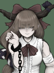 Rule 34 | 1girl, absurdres, blunt bangs, bow, bowtie, breasts, brown eyes, brown hair, brown horns, chain, commentary request, cuffs, fingernails, gourd, green background, hair bow, highres, horn bow, horn ornament, horns, ibuki suika, long hair, looking at viewer, low-tied long hair, medium breasts, miazuma sarin, pointy ears, purple bow, red bow, red bowtie, sharp fingernails, shirt, simple background, sleeveless, sleeveless shirt, solo, torn clothes, torn sleeves, touhou, upper body, white shirt