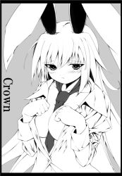 Rule 34 | 1girl, animal ears, blush, breasts, cleavage, female focus, grey background, greyscale, half-closed eyes, large breasts, long sleeves, looking at viewer, monochrome, necktie, paw pose, rabbit ears, reisen udongein inaba, repair, simple background, solo, touhou, upper body