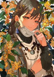 Rule 34 | 1girl, absurdres, black shirt, braid, brown eyes, brown hair, brown jacket, buchi (qooo003), closed mouth, commentary request, flower, hair between eyes, hand up, highres, jacket, jacket on shoulders, long sleeves, looking at viewer, mask, mask pull, mouth mask, open clothes, open jacket, original, plaid, plaid jacket, puffy long sleeves, puffy sleeves, shirt, smile, solo, upper body, white shirt, yellow flower