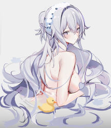 Rule 34 | 1girl, breasts, bronya zaychik, commentary request, grey eyes, grey hair, half updo, highres, honkai (series), honkai impact 3rd, large breasts, long hair, looking at viewer, lysh, nude, rubber duck, solo, upper body, very long hair