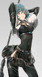 Rule 34 | 1girl, absurdres, arms behind head, arms up, belt, black shirt, black skirt, black thighhighs, blue hair, bodystocking, breasts, brown eyes, commentary, contrapposto, covered navel, cowboy shot, electricity, english commentary, floral print, green hair, grey background, highres, holding, holding weapon, impossible clothes, impossible shirt, long sleeves, looking at viewer, md5 mismatch, medium breasts, open mouth, original, red eyes, resolution mismatch, shirt, short hair, simple background, skirt, solo, source smaller, standing, swav, thighhighs, weapon
