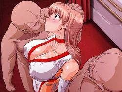 Rule 34 | 1girl, 2boys, alternate color, bald, breasts, cleavage, clothed female nude male, collarbone, dead or alive, forced, forced kiss, gang rape, gloves, himukai kyousuke, hip focus, jewelry, kasumi (doa), kiss, large breasts, multiple boys, necklace, ninja, nude, rape, shiny skin, sweat, sweatdrop, tecmo, worried