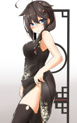Rule 34 | 10s, 1girl, absurdres, ahoge, arm at side, bare shoulders, black dress, black hair, black thighhighs, blue eyes, blush, braid, breasts, china dress, chinese clothes, closed mouth, clothes lift, cowboy shot, dress, dress lift, eyebrows, floral print, from side, hair between eyes, hair flaps, hair ornament, hair over shoulder, hairpin, heart, heart-shaped pupils, highres, kantai collection, large breasts, lifting own clothes, looking to the side, saku (kudrove), shigure (kancolle), shigure kai ni (kancolle), side slit, simple background, single braid, sleeveless, sleeveless dress, smile, solo, standing, symbol-shaped pupils, teasing, thighhighs, white background