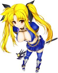 Rule 34 | 1girl, areola slip, azure (armor), bardiche (assault form) (nanoha), bardiche (nanoha), blonde hair, blush, breasts, capcom, cape, center opening, cleavage, colorized, cosplay, downblouse, fate testarossa, full body, highres, large breasts, long hair, lyrical nanoha, mahou shoujo lyrical nanoha, mahou shoujo lyrical nanoha strikers, midriff, monster hunter, monster hunter (series), monster hunter frontier, navel, nipple slip, nipples, no bra, red eyes, ribbon, solo, standing, thighhighs, transparent background, twintails, uni8, very long hair