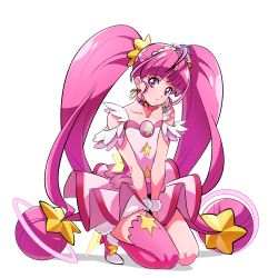 Rule 34 | 1girl, ahoge, blunt bangs, choker, collarbone, cure star, earrings, full body, hair ornament, head tilt, highres, hoshina hikaru, jewelry, kneeling, long hair, looking at viewer, magical girl, nukosann, pink eyes, pink footwear, pink hair, pink neckwear, pink skirt, pink theme, pink thighhighs, precure, shoes, simple background, single thighhigh, skirt, solo, star (symbol), star choker, star hair ornament, star twinkle precure, thighhighs, twintails, v arms, white background, wrist cuffs