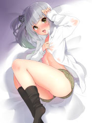 Rule 34 | 1girl, absurdres, ass, bed sheet, black socks, black ribbon, blush, breasts, buttons, clothes pull, collarbone, collared shirt, commentary request, convenient censoring, from above, full body, grey hair, hair ribbon, highres, kantai collection, kasumi (kancolle), kneehighs, legs folded, long hair, long sleeves, looking at viewer, lying, nail, on back, open clothes, open mouth, open shirt, pink lips, ribbon, sarfata, see-through, shirt, shirt pull, side ponytail, sidelocks, sleeves past wrists, small breasts, socks, solo, thighs, tongue, white shirt, yellow eyes