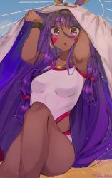 Rule 34 | 1girl, :o, blue sky, blush, commentary, competition swimsuit, dark-skinned female, dark skin, day, earrings, ears through headwear, english commentary, facial mark, fate/grand order, fate (series), hairband, hands up, highres, hoop earrings, jewelry, looking at viewer, mochii, nitocris (fate), nitocris (fate/grand order), nitocris (swimsuit assassin) (fate), one-piece swimsuit, outdoors, purple eyes, purple hair, sitting, sky, solo, swimsuit, white one-piece swimsuit, wristband
