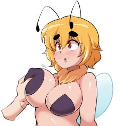 Rule 34 | 1boy, 1girl, arthropod girl, bee girl, blonde hair, blush, grabbing another&#039;s breast, breasts, cleavage, grabbing, highres, insect girl, large breasts, mely, open mouth, orange eyes, original, short hair