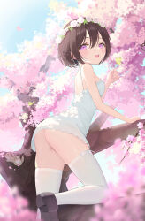 Rule 34 | 1girl, akie (44265104), ass, black footwear, black hair, blue sky, blurry, blurry foreground, blush, breasts, bug, butterfly, cherry blossoms, commentary request, day, dress, fingernails, flower wreath, head wreath, highres, insect, looking at viewer, medium breasts, nail polish, no panties, open mouth, original, outdoors, pink eyes, pink nails, shoe soles, short hair, sky, smile, solo, spaghetti strap, teeth, thighhighs, tree, upper teeth only, white dress, white thighhighs
