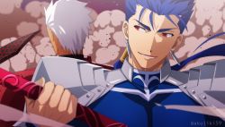 Rule 34 | 2boys, akujiki59, archer (fate), armor, back-to-back, blue hair, cu chulainn (fate), cu chulainn (fate/stay night), dark-skinned male, dark skin, fate/stay night, fate (series), gae bolg (fate), holding, holding polearm, holding spear, holding sword, holding weapon, kanshou &amp; bakuya (fate), looking at another, male focus, multiple boys, official style, pauldrons, polearm, ponytail, red eyes, short hair, shoulder armor, smile, spear, spiked hair, sword, toned, toned male, upper body, weapon, white hair