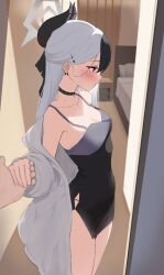 Rule 34 | 1boy, 1girl, absurdres, bed, black dress, black ribbon, blue archive, blush, breasts, choker, closed mouth, dress, genso (thereisnosauce), grey hair, hair ornament, hair ribbon, hairclip, halo, hetero, highres, holding hands, horns, indoors, jacket, jewelry, kayoko (blue archive), kayoko (dress) (blue archive), long hair, long sleeves, medium breasts, mole, mole on neck, necklace, off shoulder, official alternate costume, open clothes, open jacket, profile, red eyes, ribbon, sleeveless, sleeveless dress, solo focus, white hair